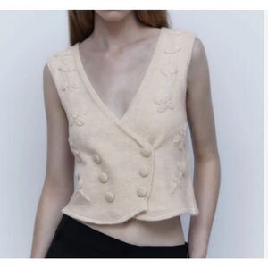 ZARA Womens Embroidered Knitted Boho Button Front Sweater Vest Tan Medium
